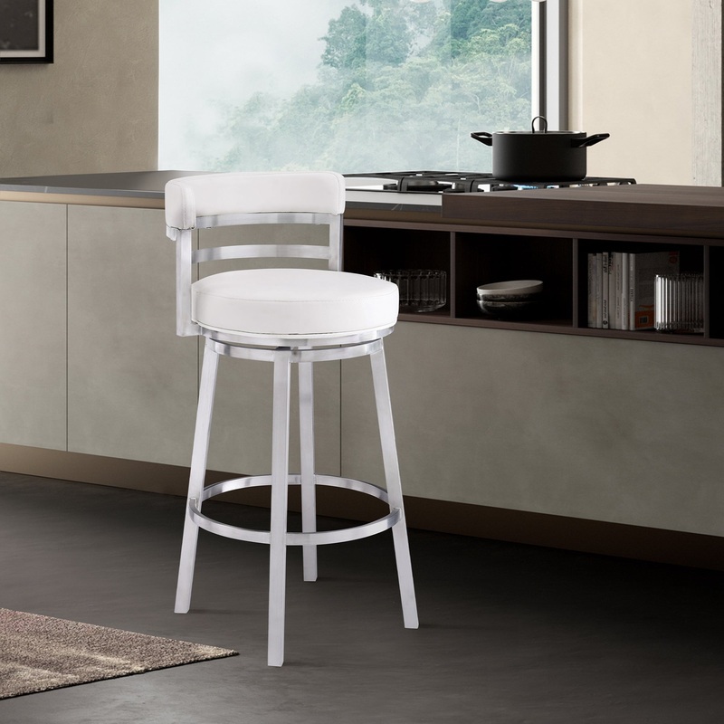 Titana 26" Counter Height Swivel White Faux Leather and Brushed Stainless Steel Bar Stool By Armen Living