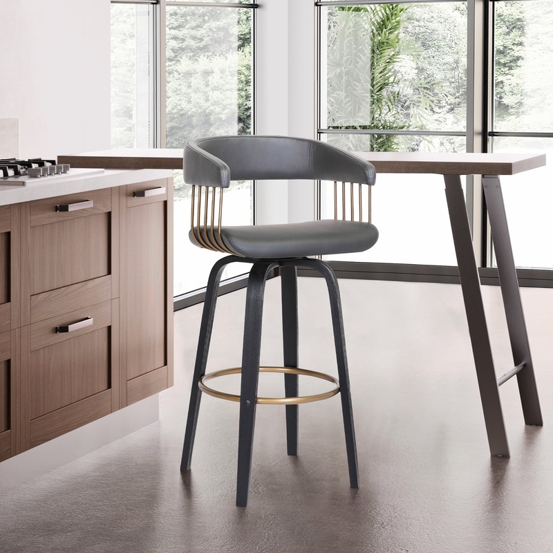 Topanga 30.5" Swivel Black Wood Bar Stool in Grey Faux Leather with Golden Bronze Metal By Armen Living