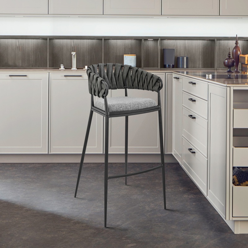 Vigona Bar Stool in Black Metal with Grey Fabric and Faux Leather By Armen Living