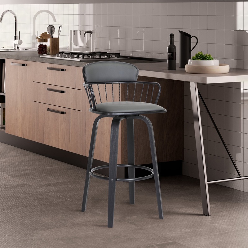 Willow 30" Swivel Black Wood Bar Stool in Grey Faux Leather with Black Metal By Armen Living