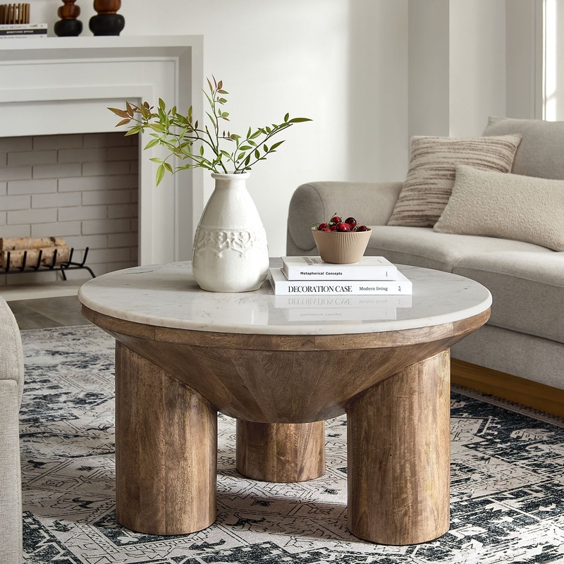 Ellison 33" Round Wood Coffee Table With Marble Top by Modway