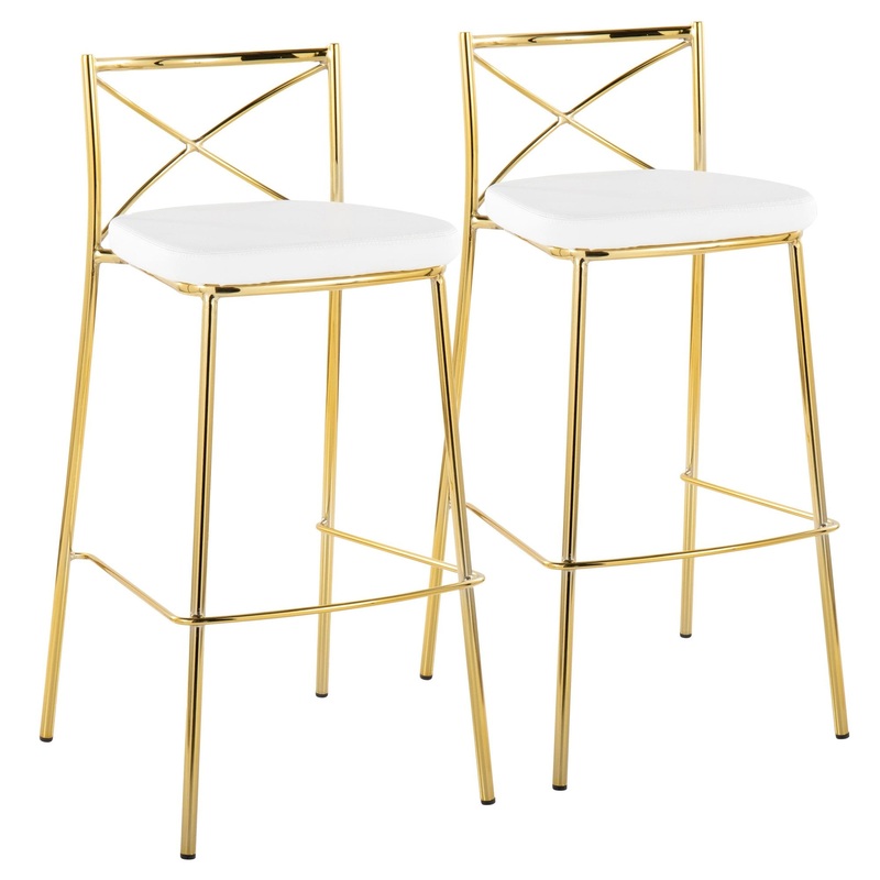 Modern Charlotte 30" Fixed-Height Barstool - Set of 2 Gold Metal, White PU By LumiSource