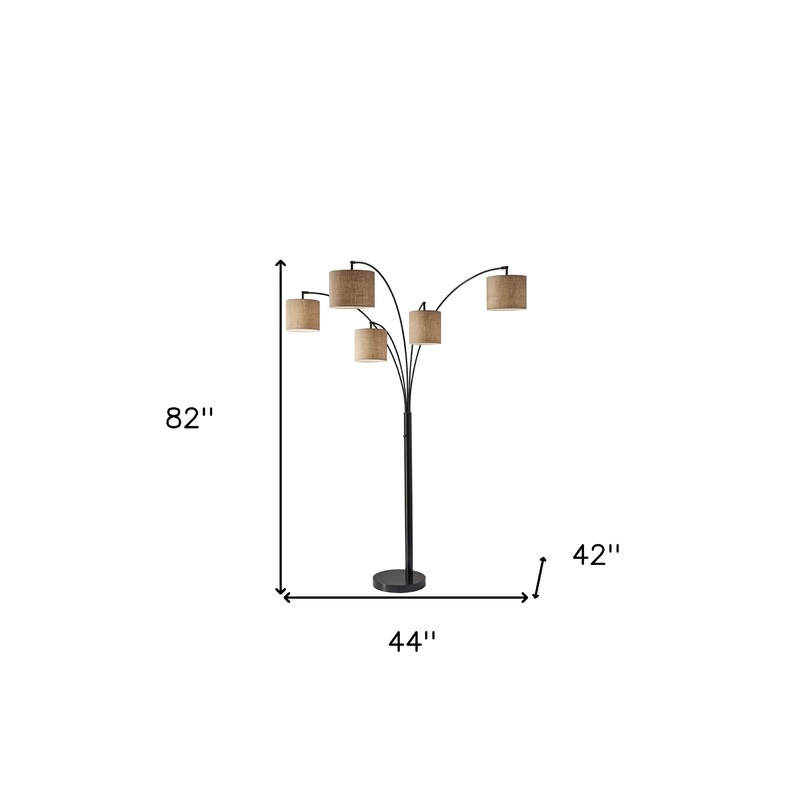 Five Light Floor Lamp Bronze Metal Arc Arms and Petite Burlap Drum Shades