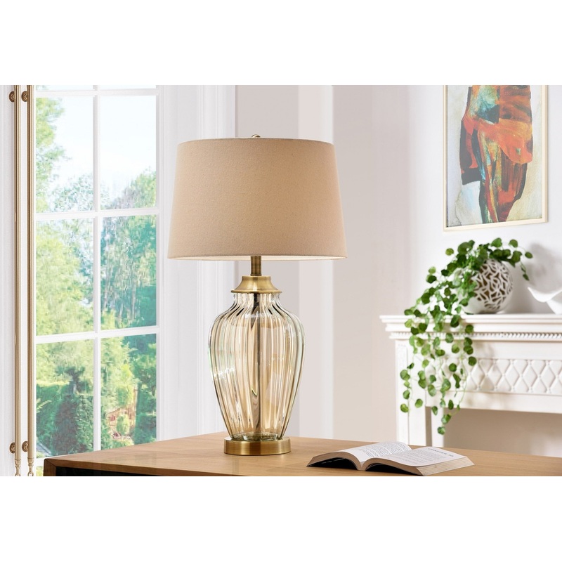 Golden Hue Glass Table Lamp with Cream Fabric Shade By Homeroots