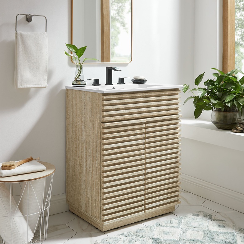 Render 24" Faux Travertine Bathroom Vanity Cabinet (Sink Not Included) by Modway