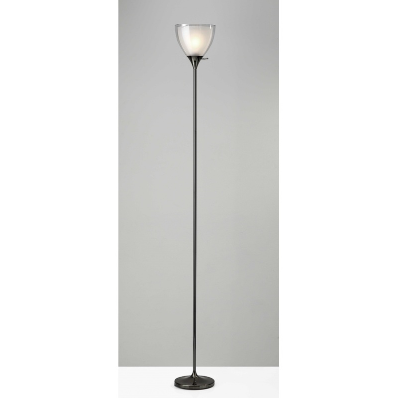 Shiny Black Nickel Finish Metal Torchiere Floor Lamp with Frosted Inner Shade