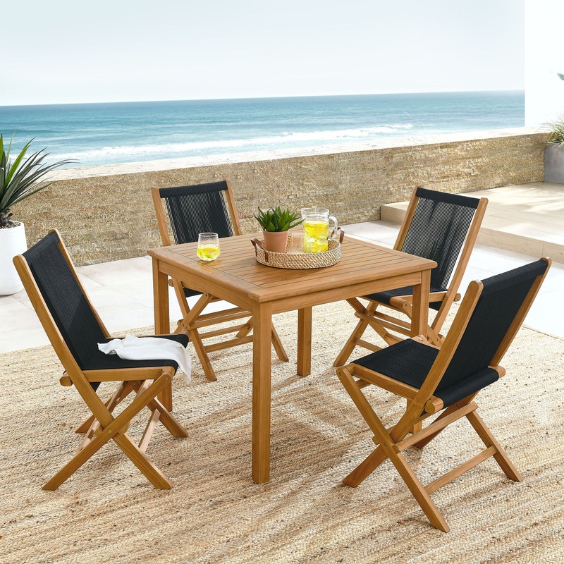 Vienna 5-Piece Outdoor Patio Teak Wood Dining Set with Rope Folding Chairs by Modway