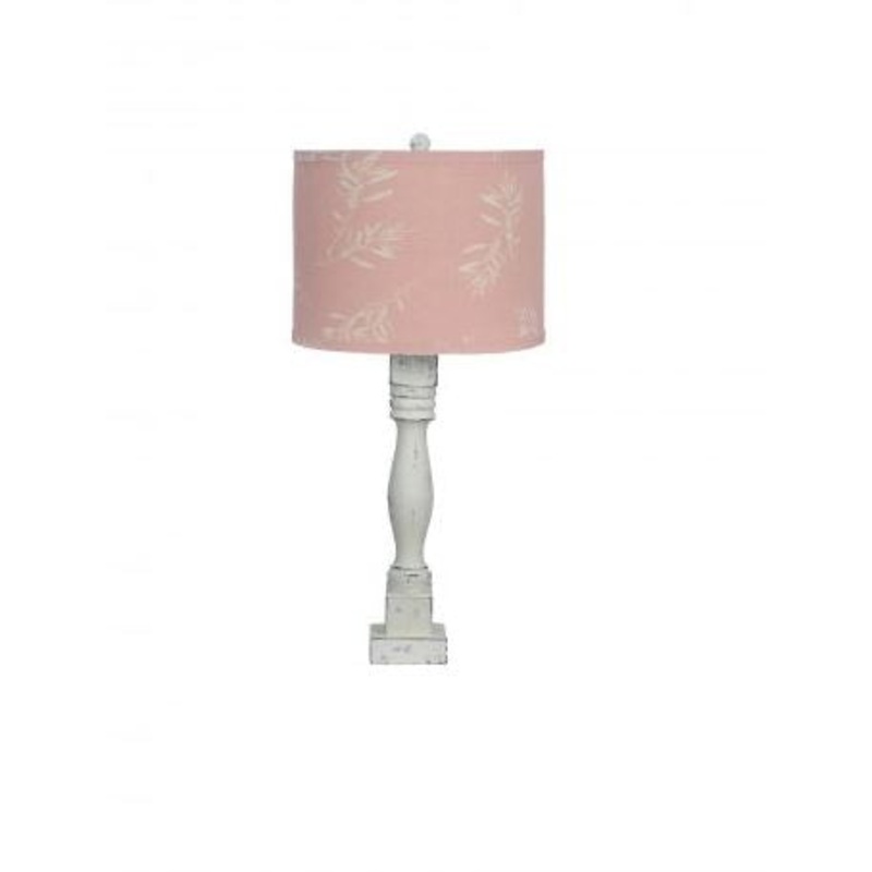 Distressed White Table Lamp with Olive Branch Pink Shade By Homeroots