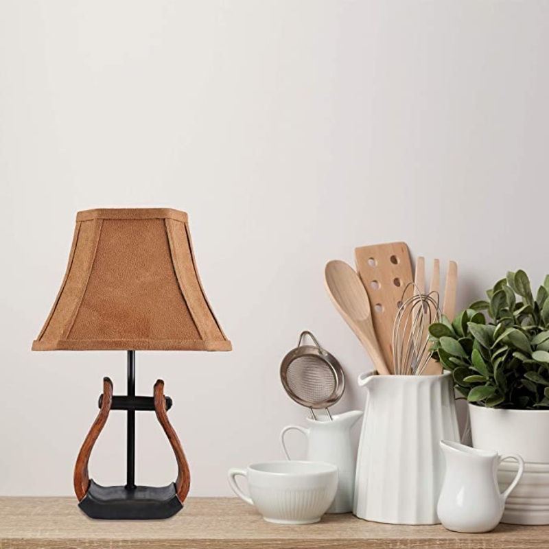Horse Stirrup Accent Lamp with Faux Suede Brown Shade By Homeroots