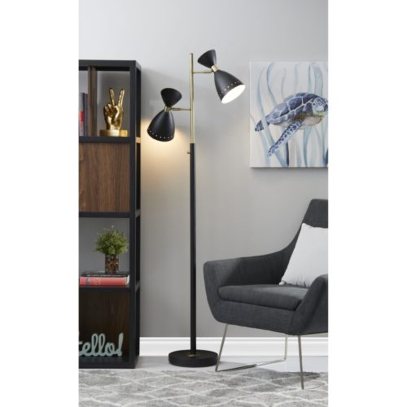 Two Light Brass Cinch Floor Lamp in Black Metal By Homeroots