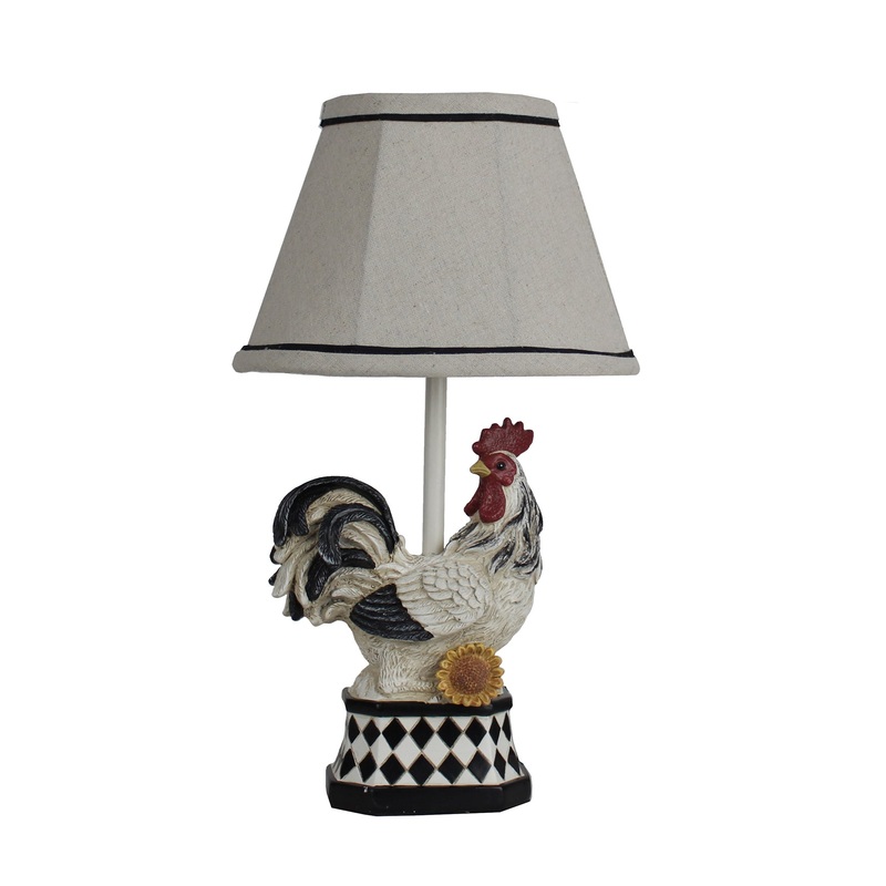 White and Black Rooster with Sunflower and Harlequin Patterned Accent Lamp By Homeroots