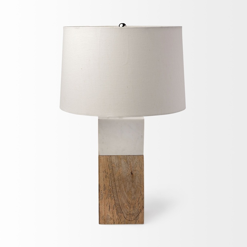 White Marble and Natural Wood Block Table or Desk Lamp By Homeroots