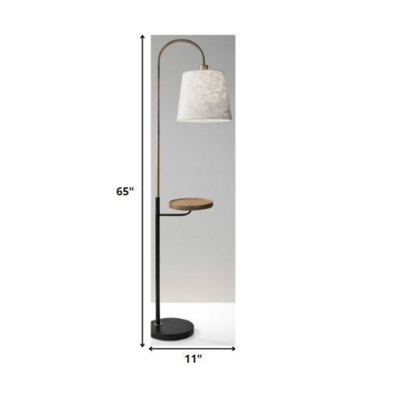 Antique Brass And Black Metal Floor Lamp With USB Charging Station Wood Shelf By Homeroots