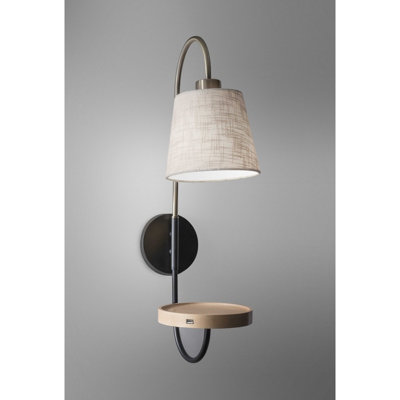 Antique Brass and Black Metal Wall Lamp with USB Charging Station Wood Shelf By Homeroots