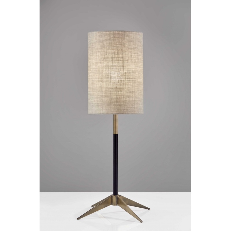 Antique Brass Metal Tripod Base with Matte Black Accent and Tall Natural Fabric Shade Table Lamp By Homeroots