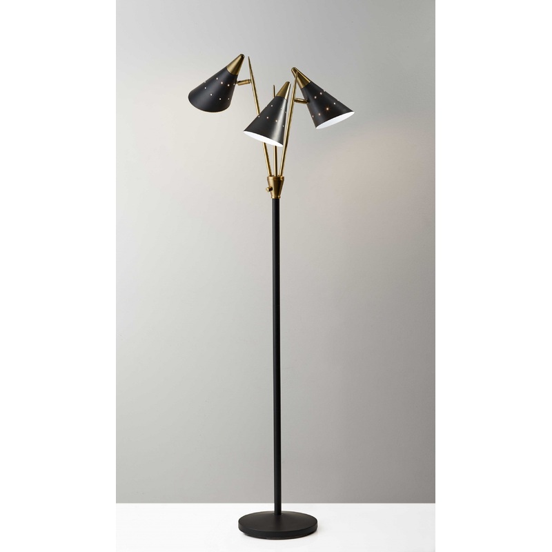 Black Metal Floor Lamp with Three Adjustable Antique Brass Accented Cone Shades By Homeroots