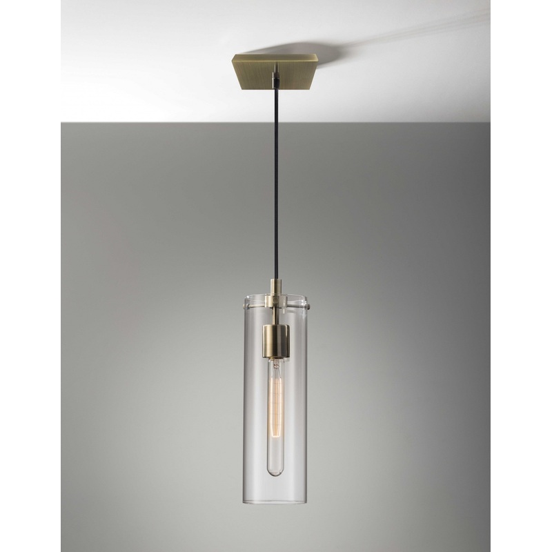 Clear Glass Cylinder Shade with Vintage Filament Bulb Antique Brass Metal Pendant By Homeroots