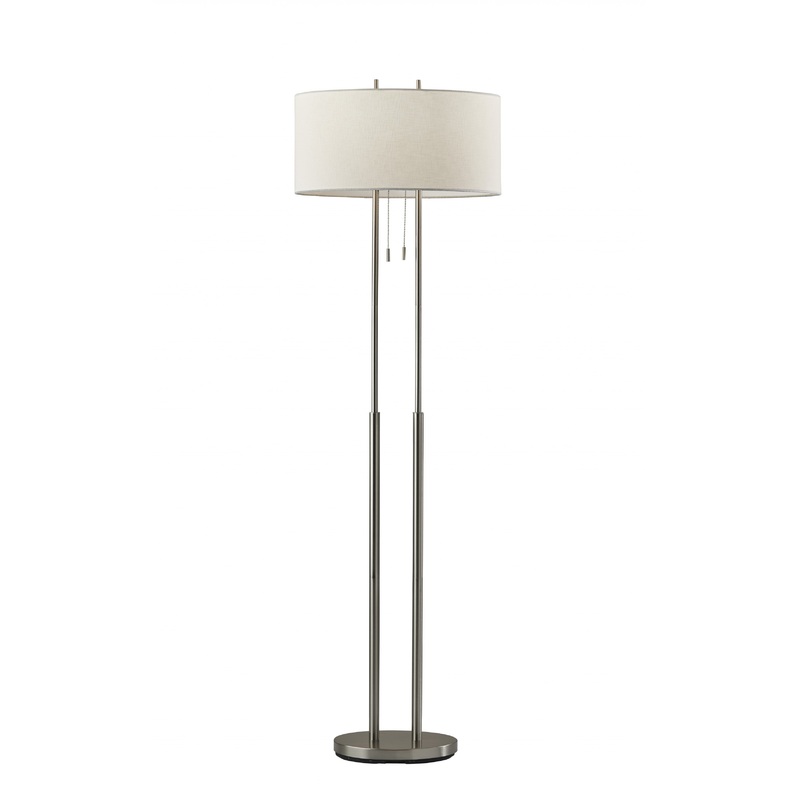Dual Pole Floor Lamp in Brushed Steel Metal By Homeroots