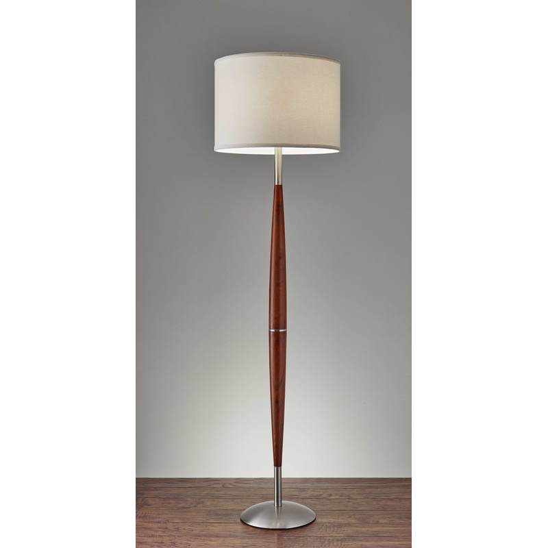 Elliptical Shape Walnut Wood Finish Floor Lamp with Satin Steel Accents and White Fabric Drum Shade By Homeroots