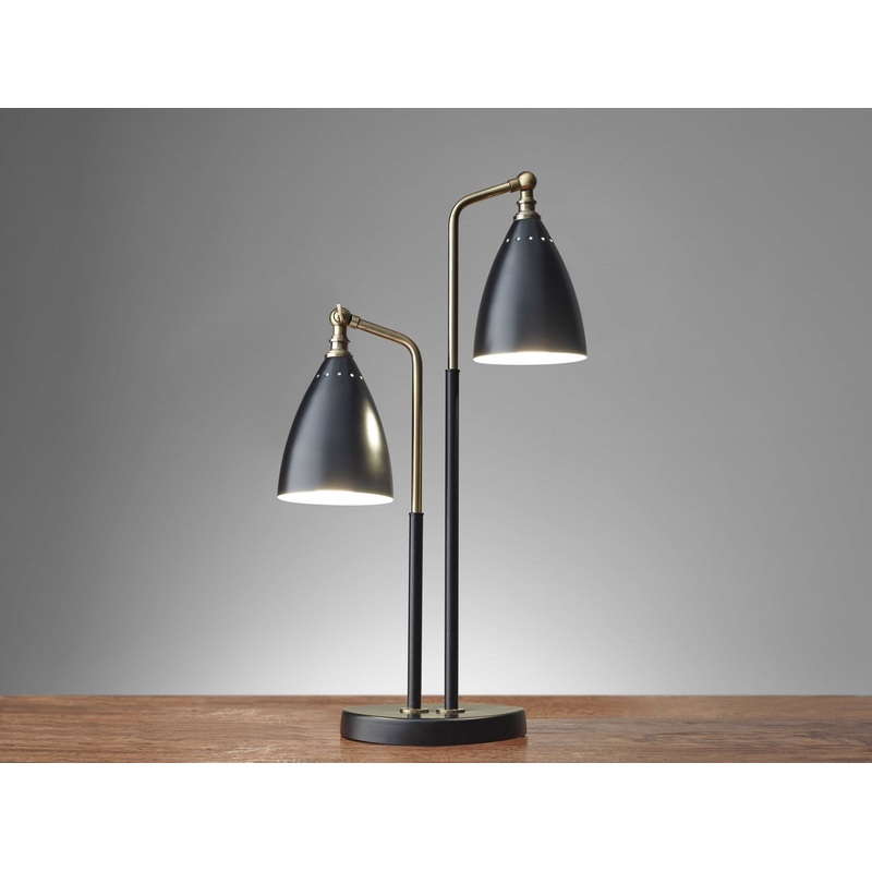 Matte Black Metal and Antique Brass Two Light Adjustable Table Lamp By Homeroots