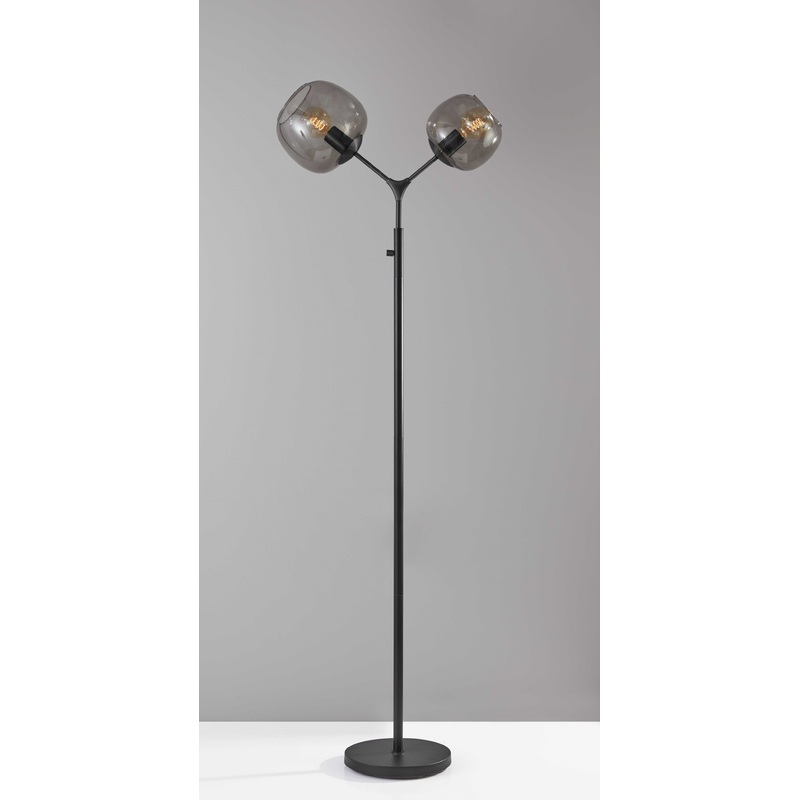 Matte Black Metal Floor Lamp with Two Smoked Glass Globe Shades and Vintage Edison Bulbs By Homeroots