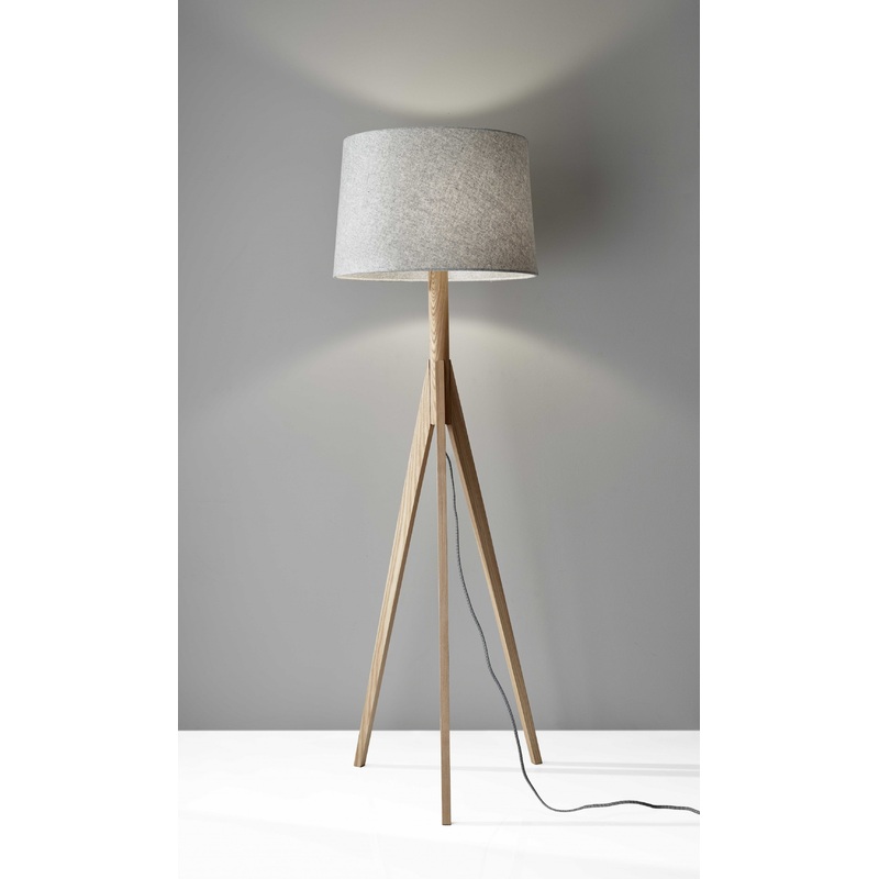Natural Wood Floor Lamp with Tripod Base and Grey Felt Tapered Drum Shade By Homeroots