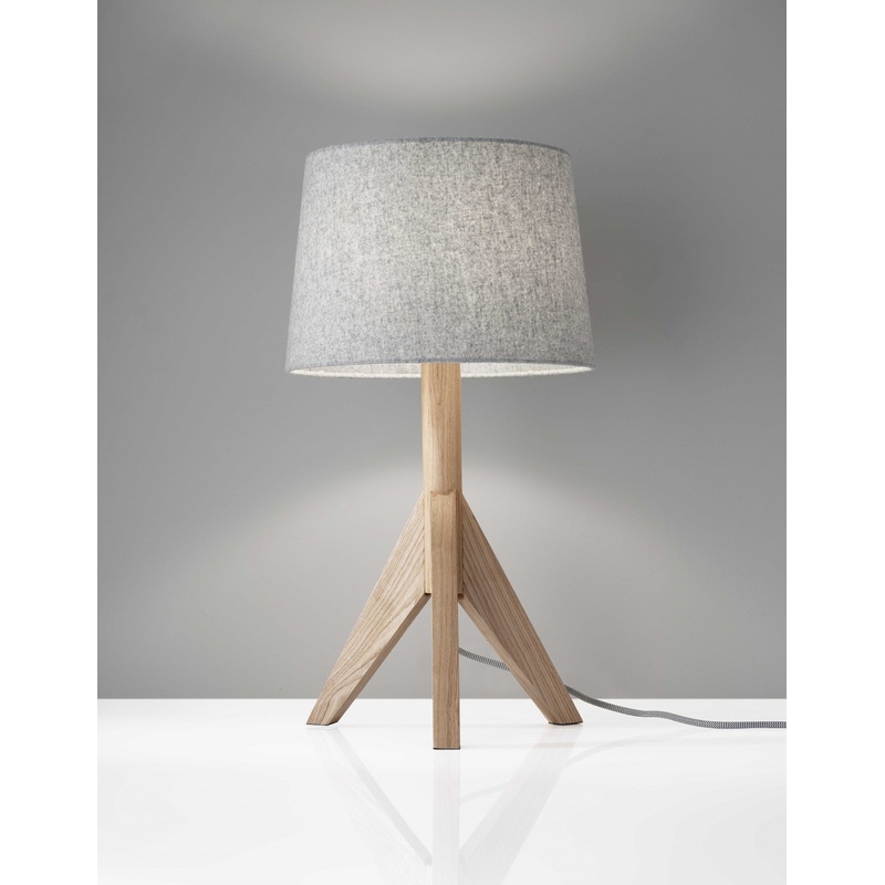 Natural Wood Tripod Base with Grey Felt Tapered Drum Shade Table Lamp By Homeroots