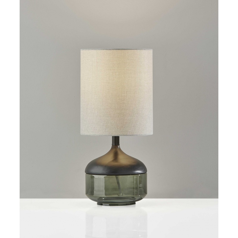 Petite Black Wood Smoked Glass Base with Lightly Textured Round Shade Table Lamp By Homeroots