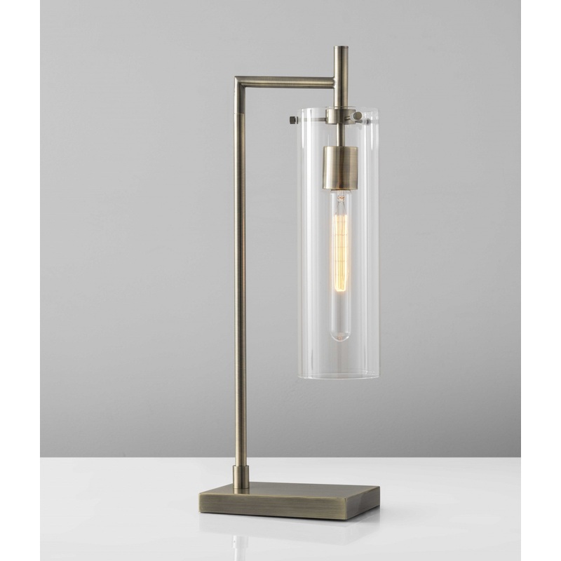 Sleek Clear Glass Cylinder Shade with Vintage Filament Bulb Antique Brass Metal Table Lamp By Homeroots