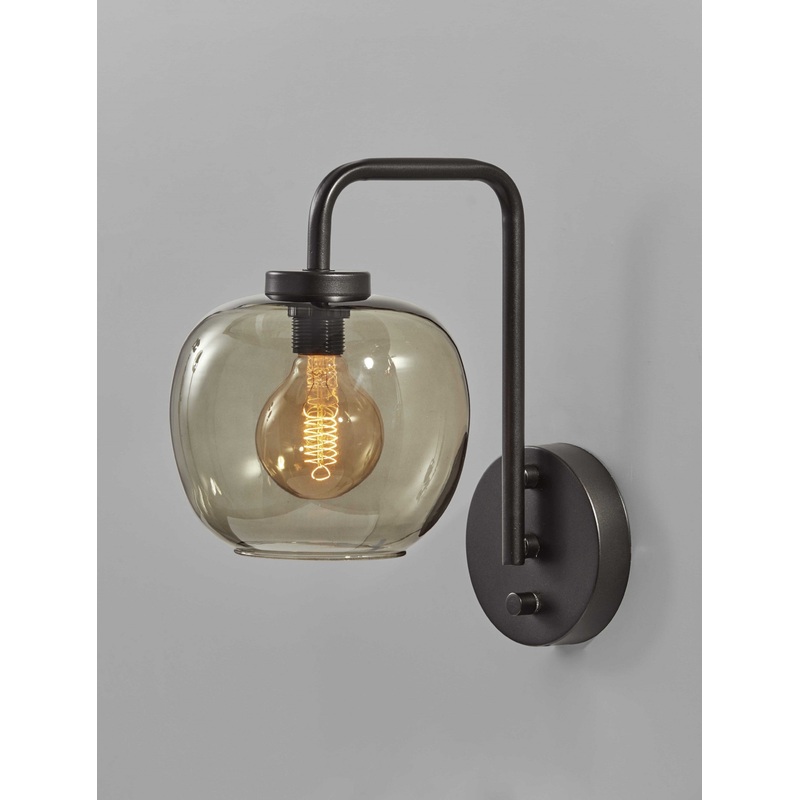 Smoked Glass Globe Shade with Vintage Edison Bulb and Matte Black Metal Wall Lamp By Homeroots