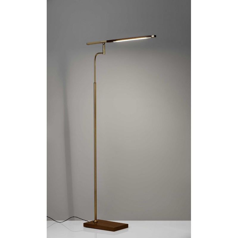 Thin Silhouette Adjustable LED Floor Lamp with Walnut Wood Finish and Antique Brass Accents By Homeroots