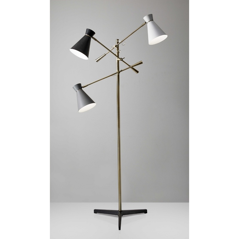 Three Arm Adjustable Floor Lamp in Brass Metal with Grey Black and White Shades By Homeroots