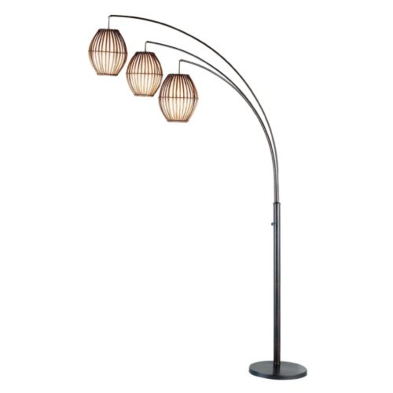 Three Light Arc Lamp in Bronze Metal with Brown Cane Barrel Shape Lanterns By Homeroots