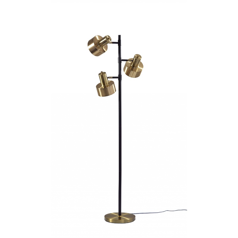 Three Light Floor Lamp with Matte Black Pole and Adjustable Antique Brass Metal Shades By Homeroots