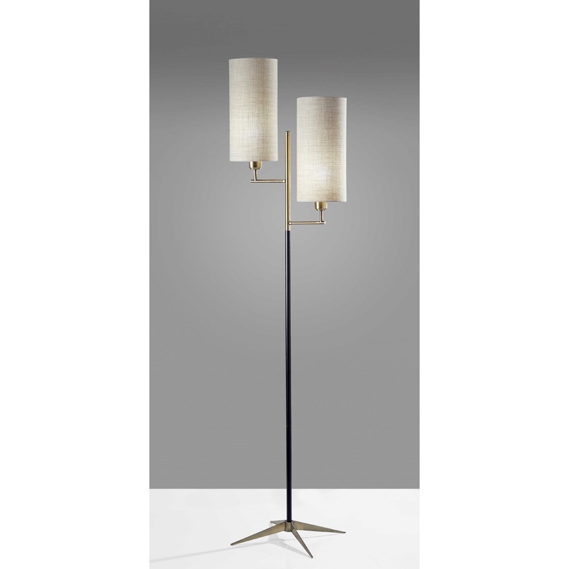 Two Light Floor Lamp Antique Brass Metal Tripod Base with Matte Black Accent and Tall Natural Fabric Shade By Homeroots