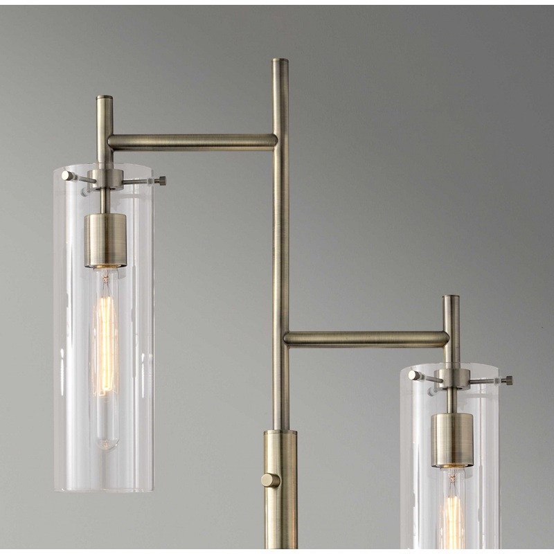 Two Light Modern Floor Lamp Clear Glass Cylinder Shade with Vintage Filament Bulb Antique Brass Metal Pole By Homeroots
