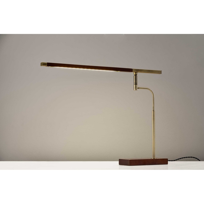 Walnut Wood Finish and Antique Brass Metal Adjustable LED Desk Lamp with USB Port By Homeroots
