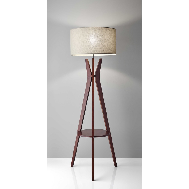 Walnut Wood Floor Lamp Tripod Base with Shelf By Homeroots