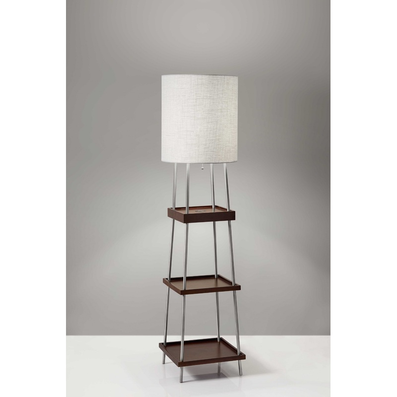 Walnut Wood Metal Shelf Floor Lamp with Charging Station By Homeroots