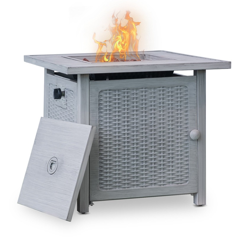 28" Ashy Gray Rattan Design Square Propane Fire Pit with Lava Rocks and Cover By Homeroots