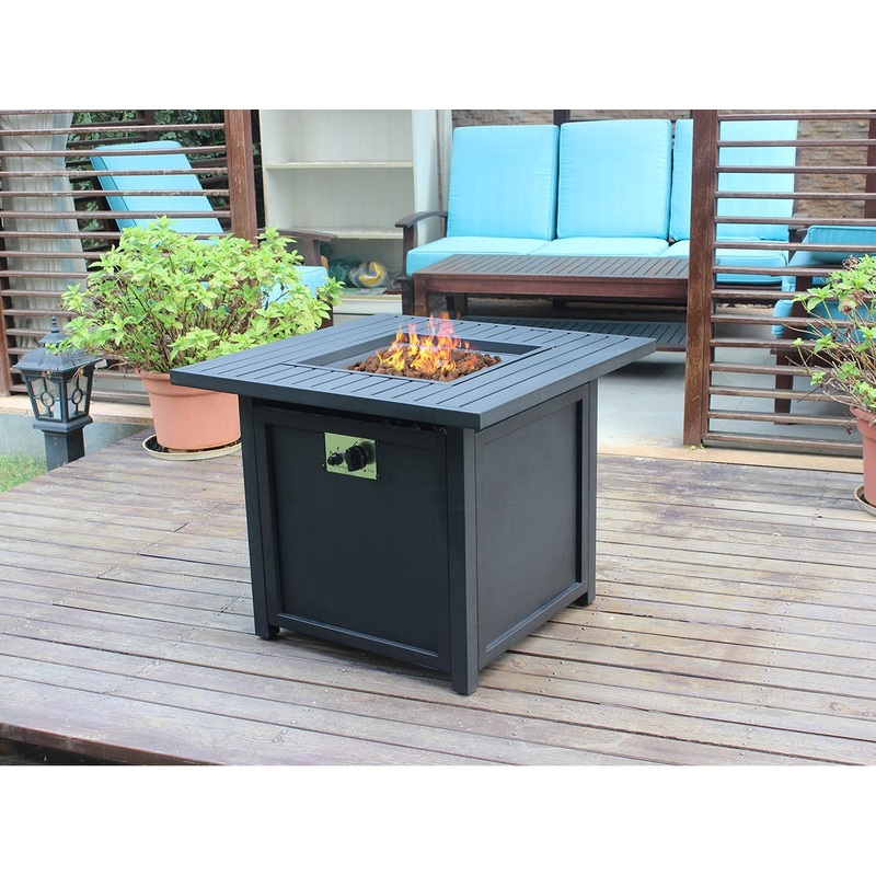 28" Black Square Propane Fire Pit with Lava Rocks and Cover By Homeroots