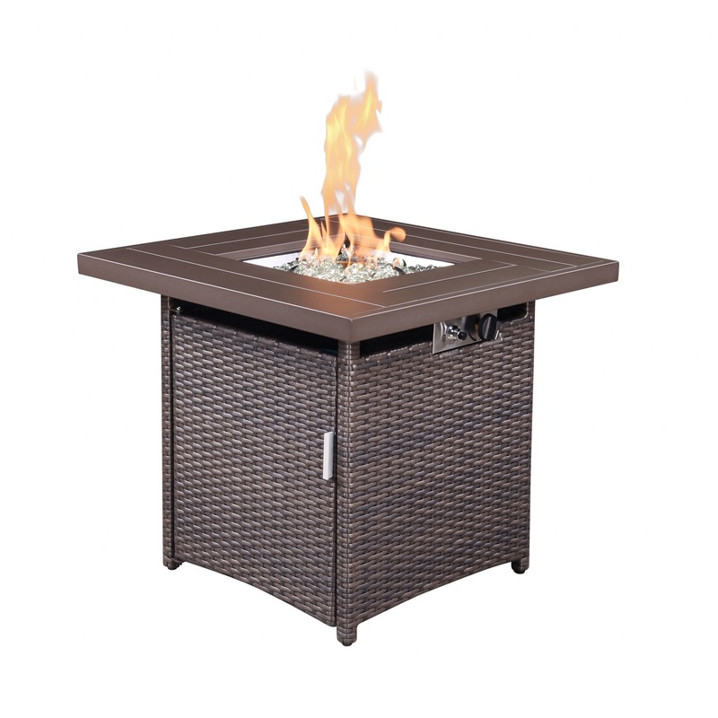28" Brown Faux Rattan Design Square Propane Fire Pit with Glass Bead Rocks By Homeroots
