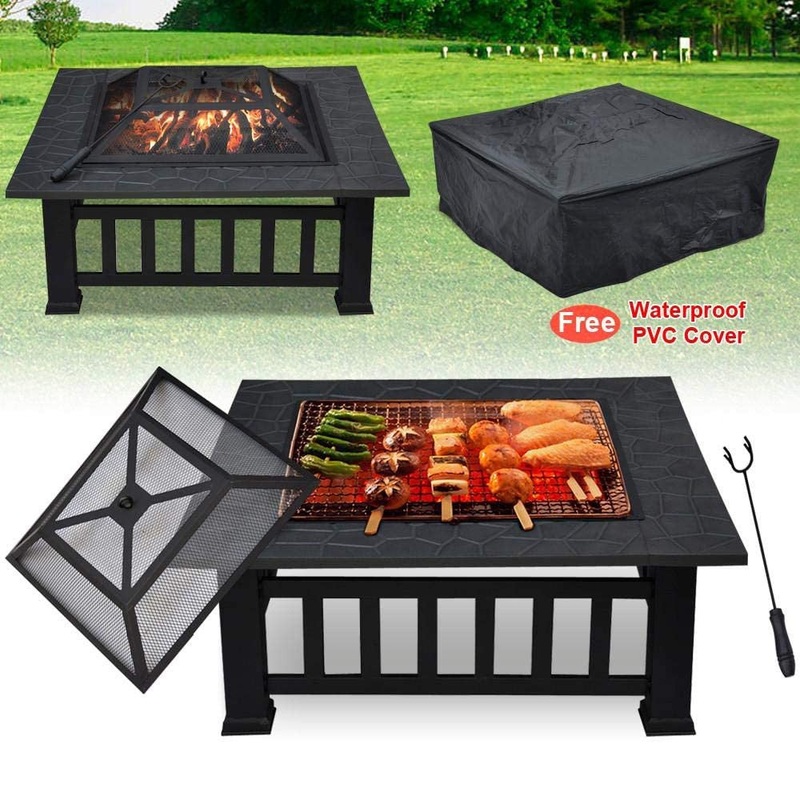 32" Gray Square Charcoal or Wood Burning Fire Pit with Cover By Homeroots