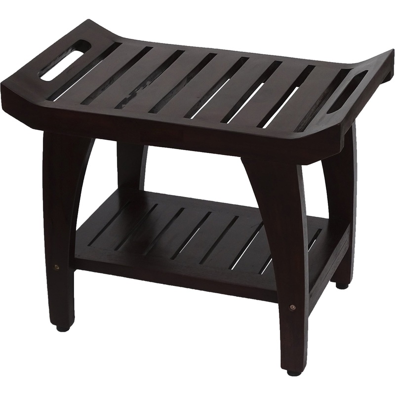 Contemporary Teak Shower Bench with Shelf and Handles in Brown Finish By Homeroots - 376682