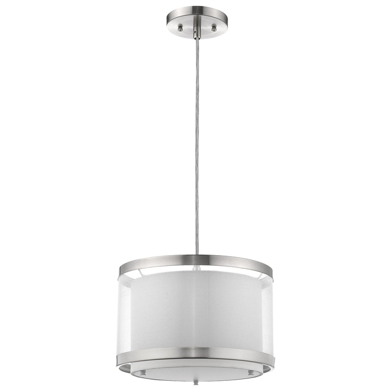 Lux 1-Light Brushed Nickel Pendant With Metal Trimmed Sheer Snow Shantung Two Tier Shade By Homeroots