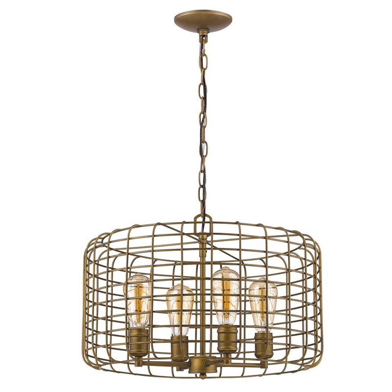 Lynden 4-Light Raw Brass Drum Pendant With Wire Cage Shade By Homeroots