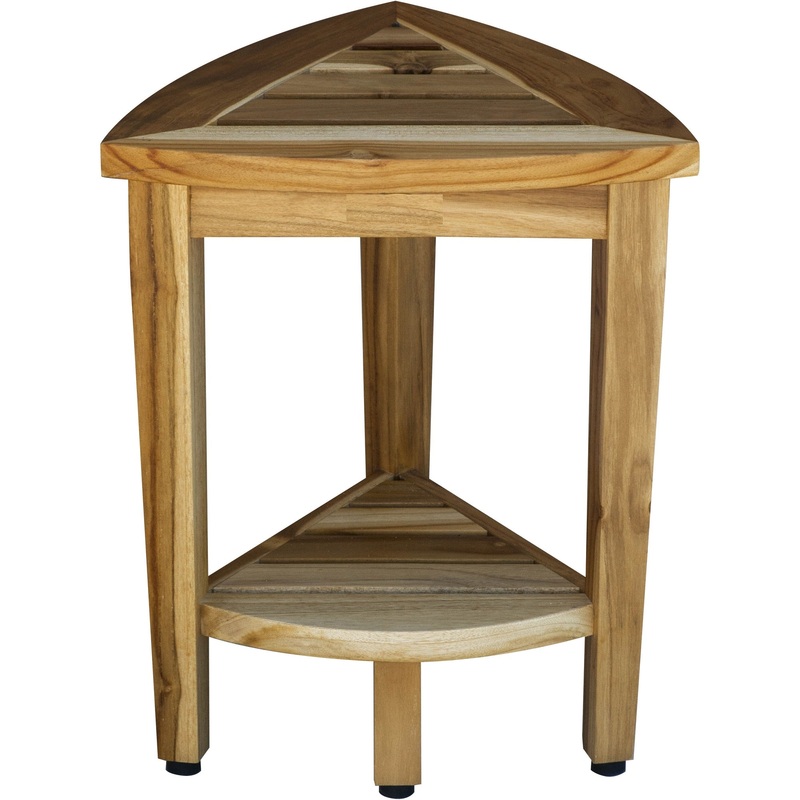 Compact Teak Corner Shower or Outdoor Bench with Shelf in Natural Finish By Homeroots
