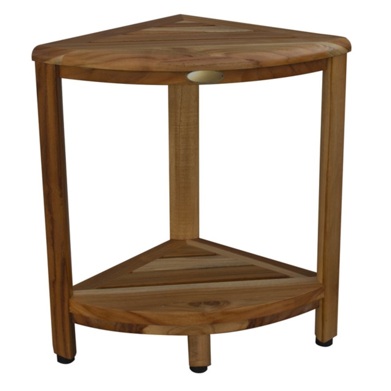Compact Teak Corner Shower Stool with Shelf in Natural Finish By Homeroots