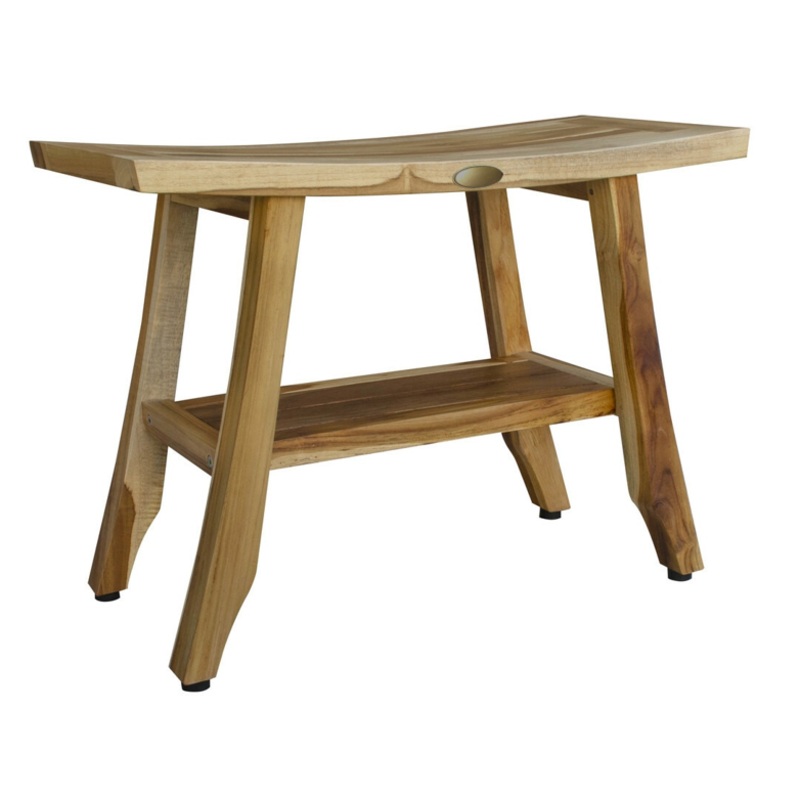 Compact Teak Rectangular Shower Outdoor Bench with Shelf in Natural Finish By Homeroots