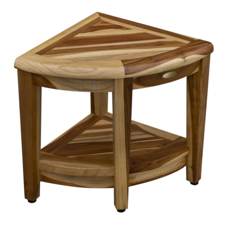 Compact Teak Wide Corner Shower Outdoor Bench with Shelf in Natural Finish By Homeroots